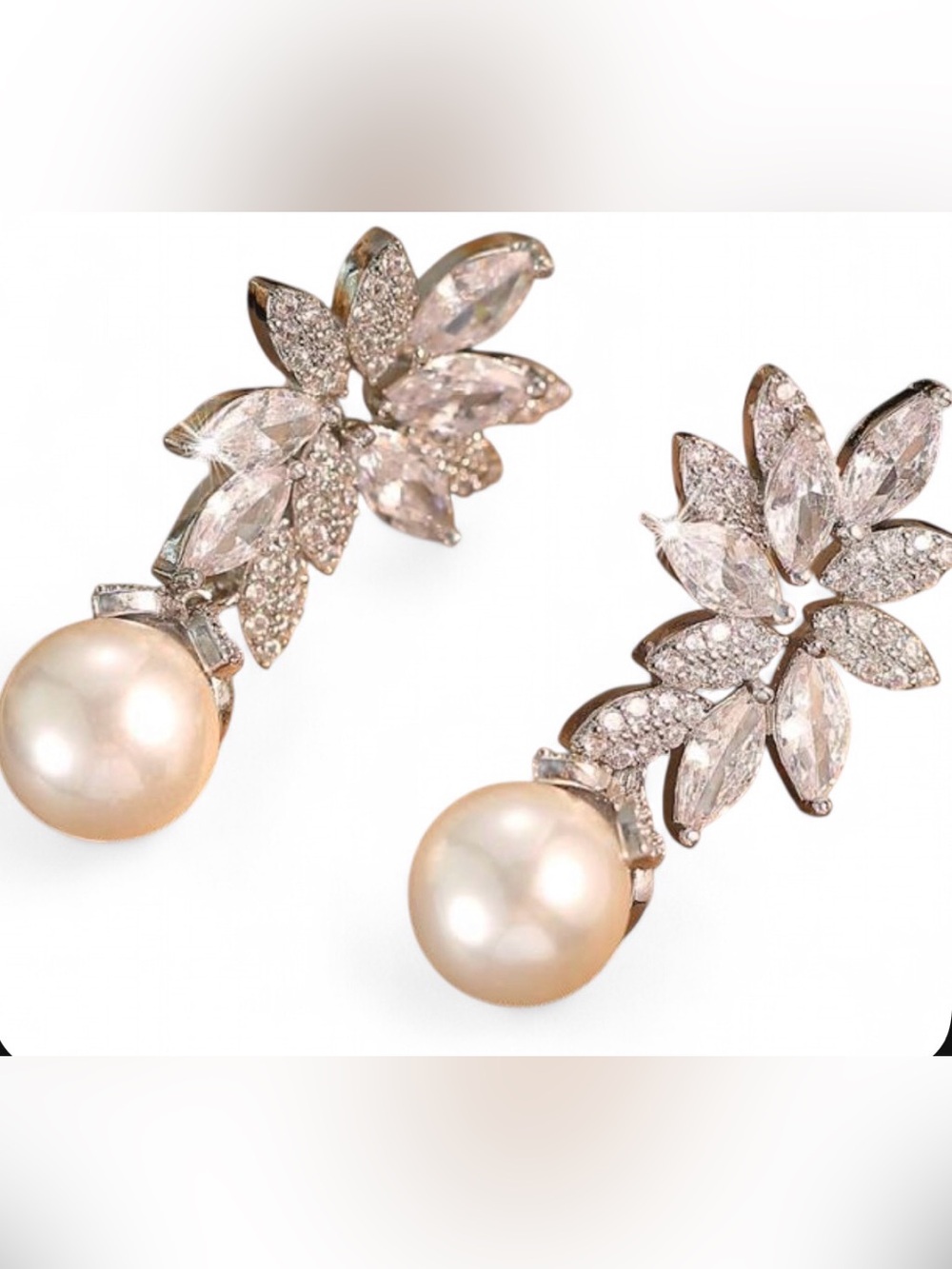 Pearl CZ Leaf Drop Earrings Silver Tone Bridal Wedding Statement Earrings